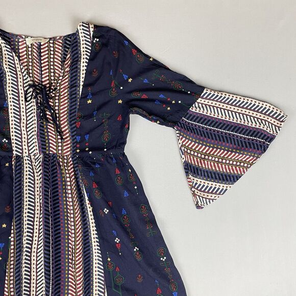 Umgee Lace Up Front Bell Sleeve Mini Dress Tunic Women's Sm Blue Floral Boho - Picture 10 of 15